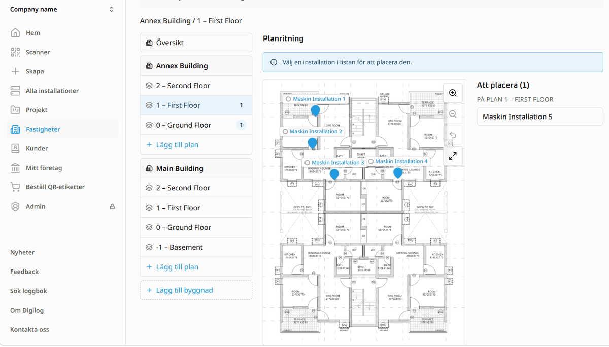 A floor plan in Digilog with the installations placed on it, and the property's buildings and floors in the tree beside it.