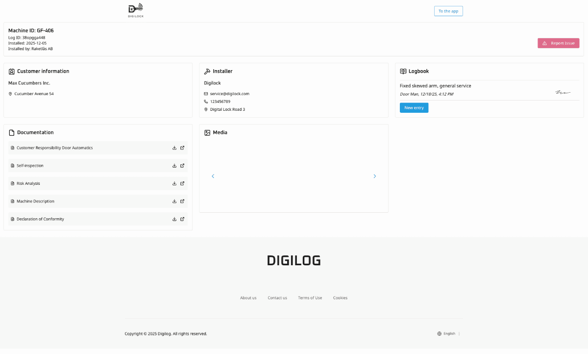 The digital logbook for a door, showing customer details, installer, documents and log entries.